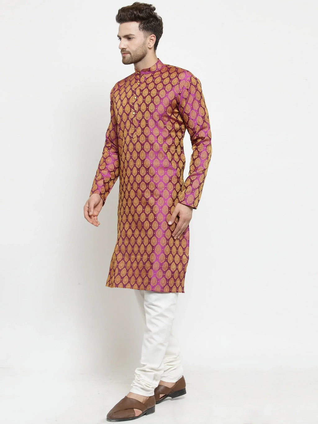 Jompers Men's Pink-Colored & Golden Self Design Kurta Only