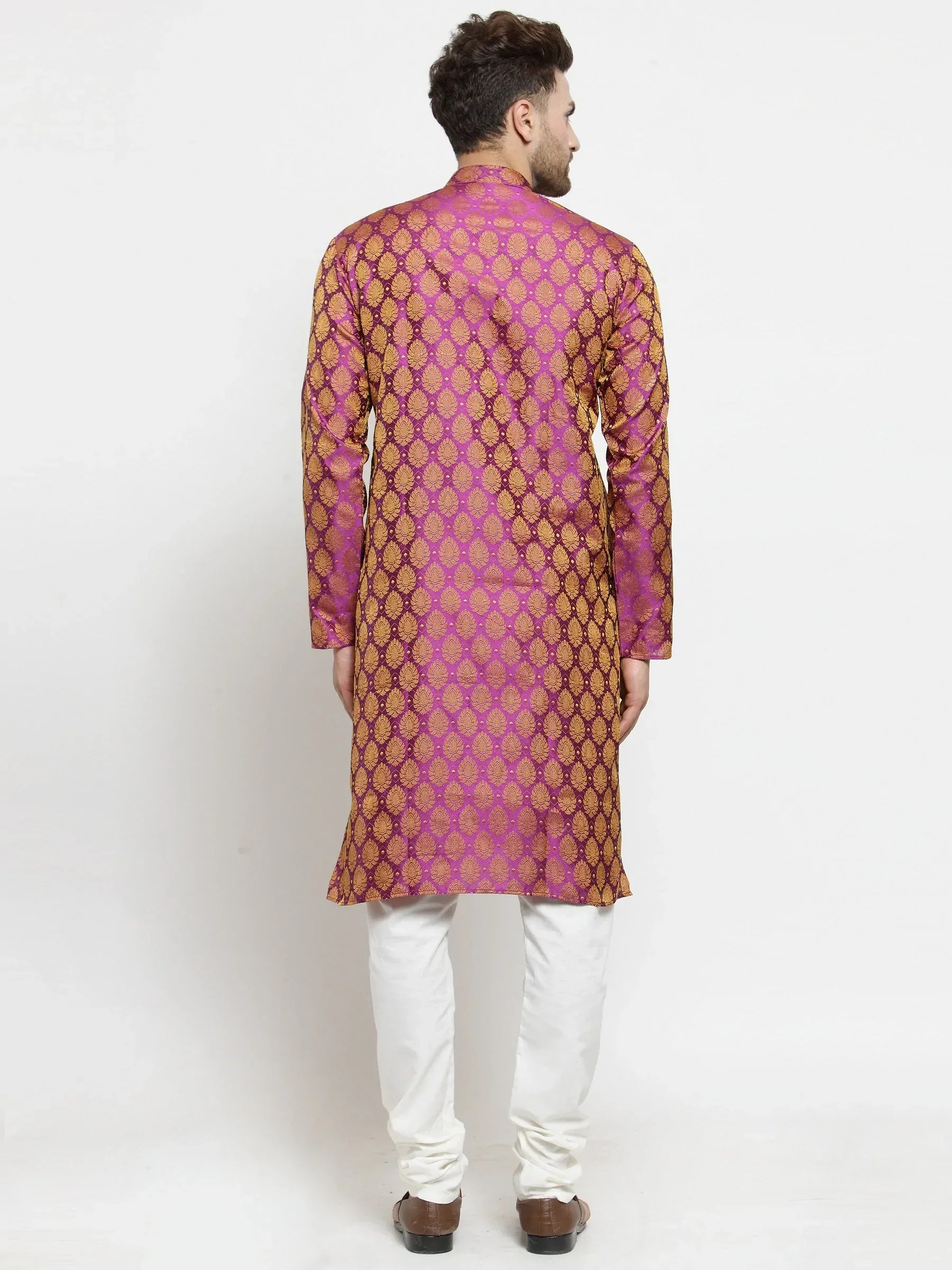 Jompers Men's Pink-Colored & Golden Self Design Kurta Only