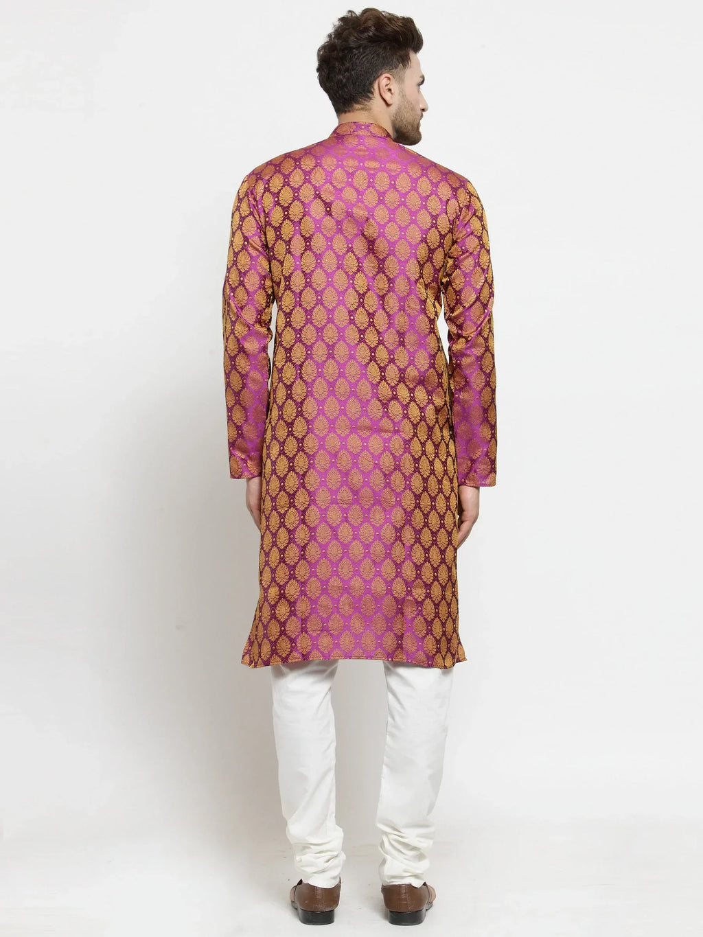 Jompers Men's Pink-Colored & Golden Self Design Kurta with Churidar