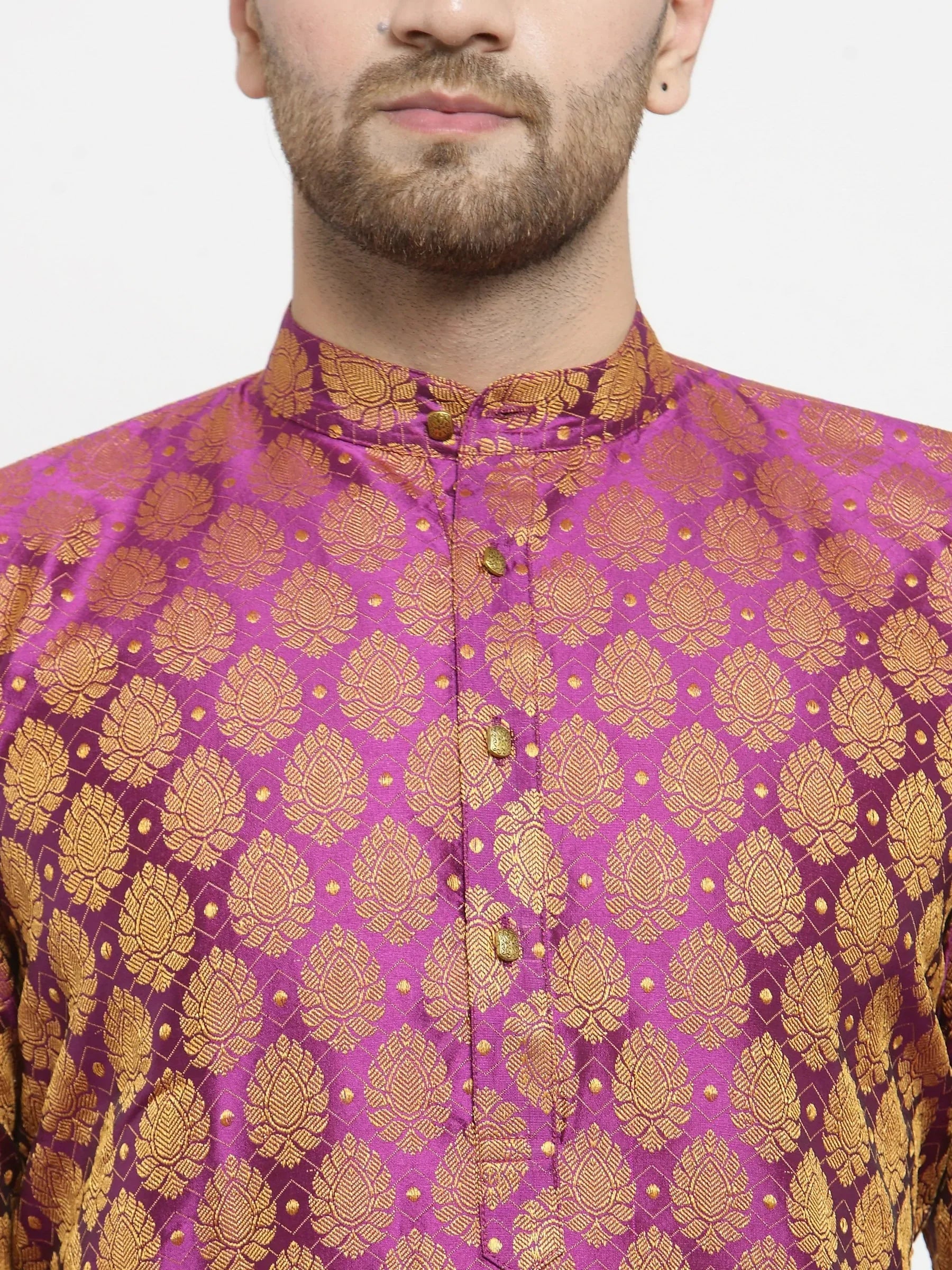 Jompers Men's Pink-Colored & Golden Self Design Kurta with Churidar