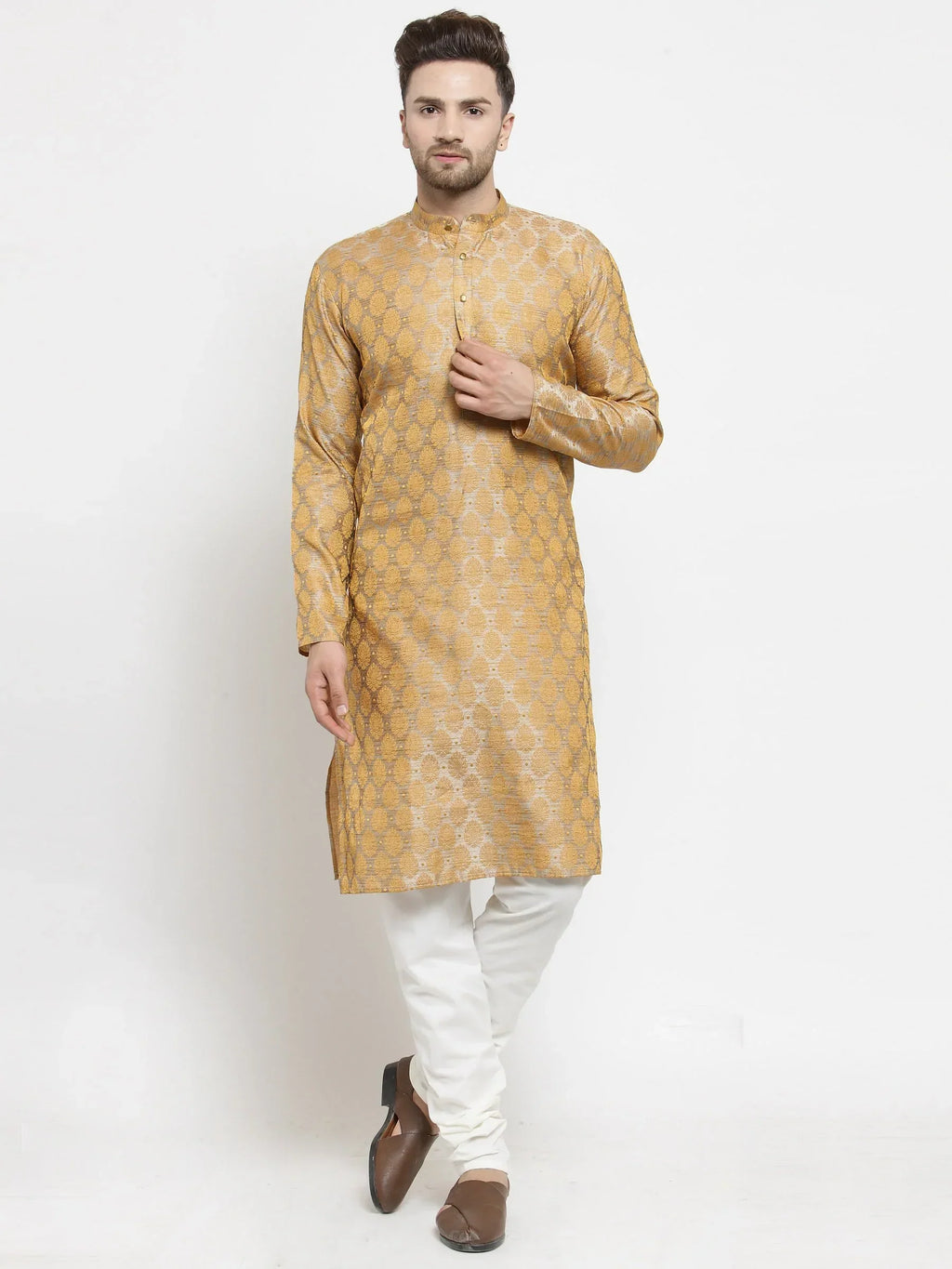 Jompers Men's Silver-Colored & Golden Self Design Kurta Only