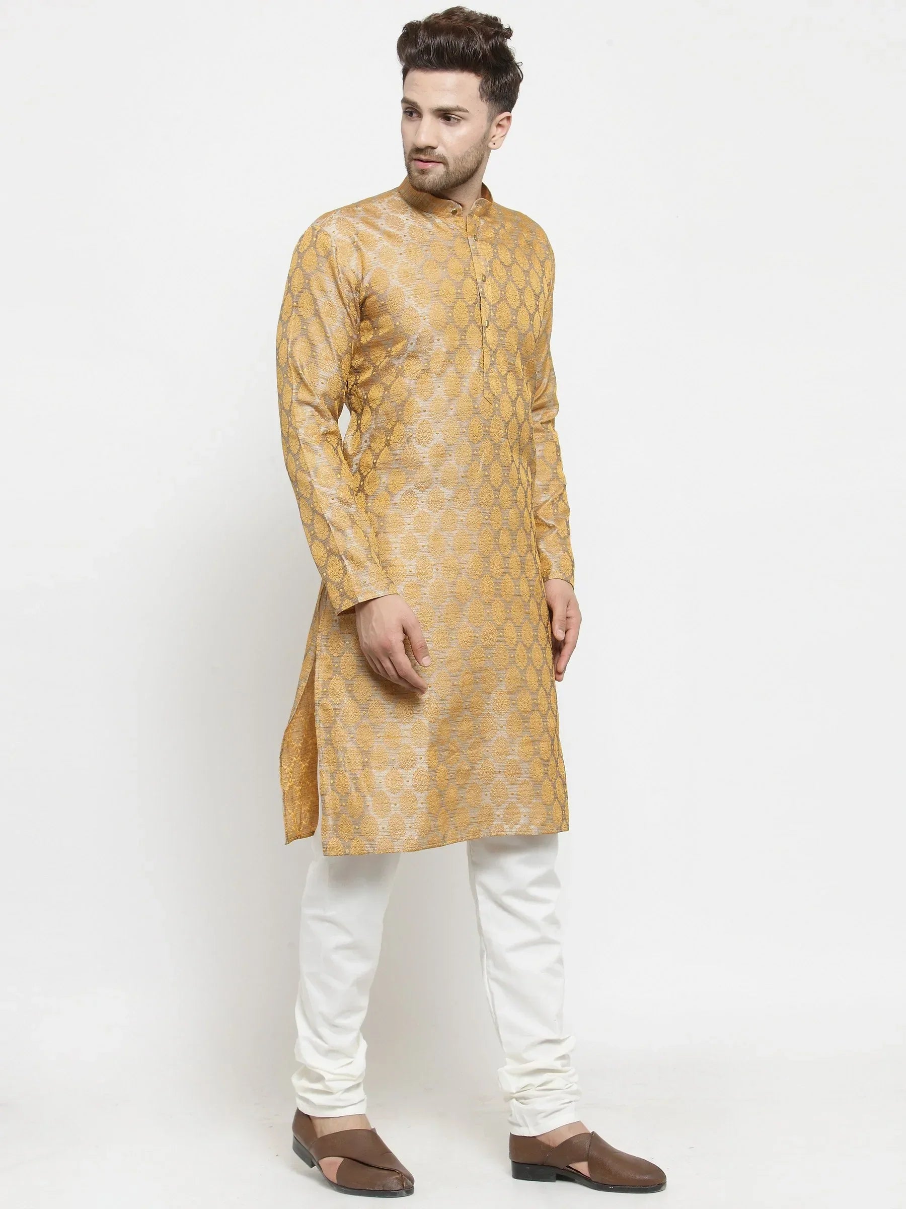 Jompers Men's Silver-Colored & Golden Self Design Kurta Only