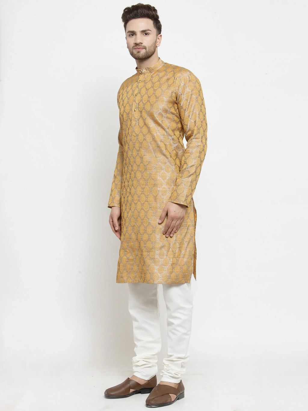Jompers Men's Silver-Colored & Golden Self Design Kurta with Churidar