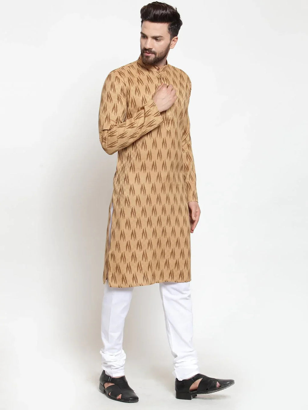 Jompers Men's Brown Printed Kurta with Churidar