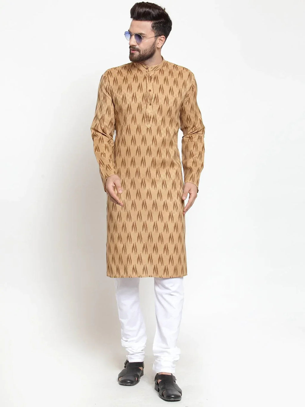 Jompers Men's Brown Printed Kurta with Churidar