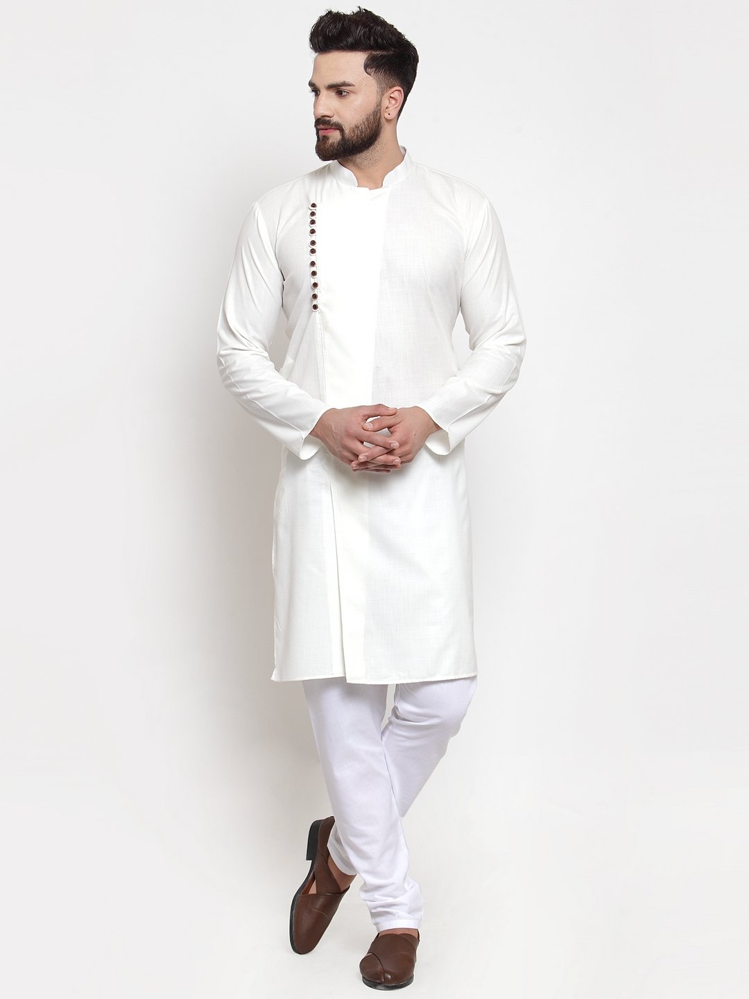 Jompers Men White Solid Mandarin Collar Kurta with Churidar