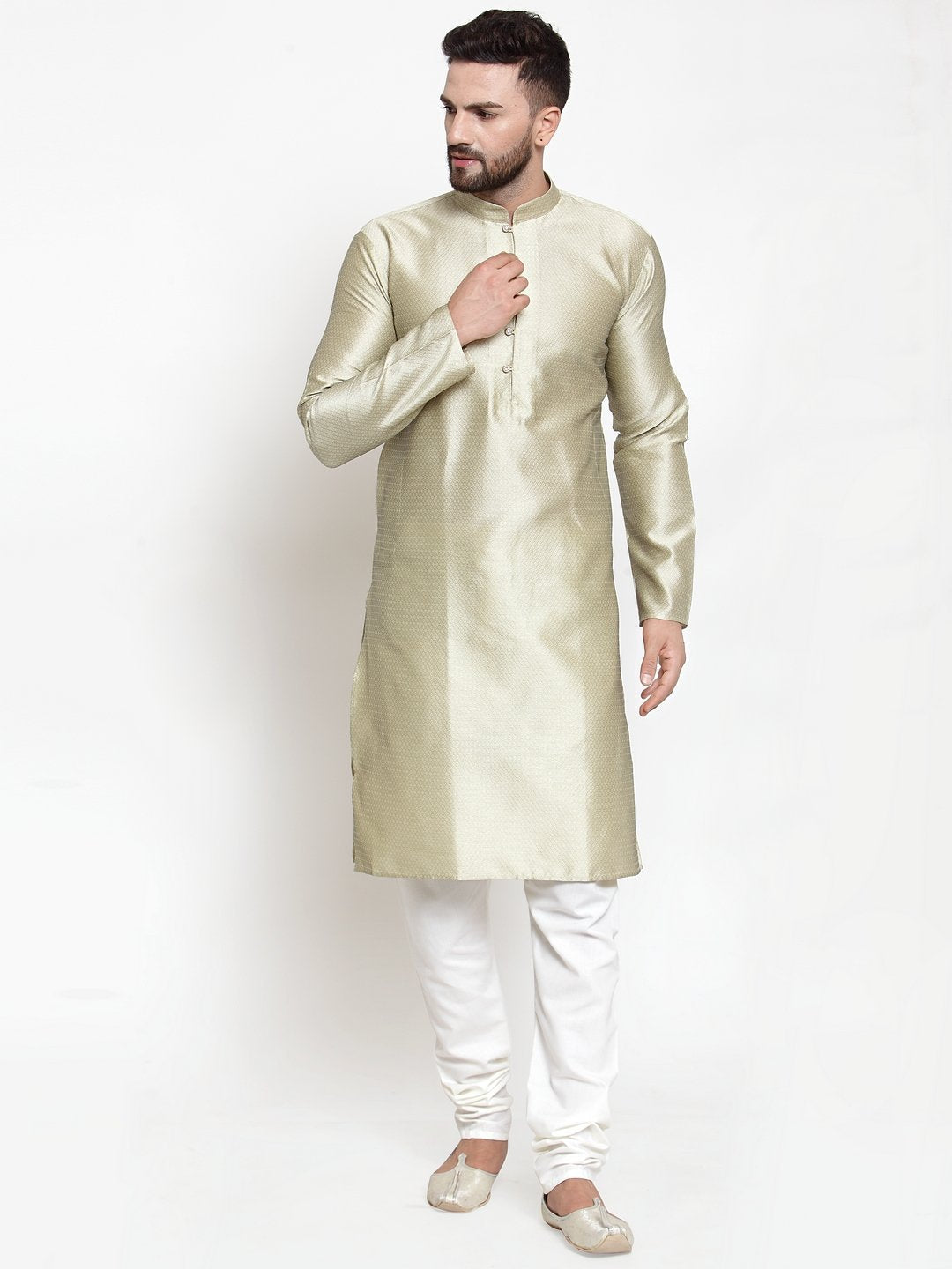 Jompers Men Beige & White Self Design Kurta with Churidar