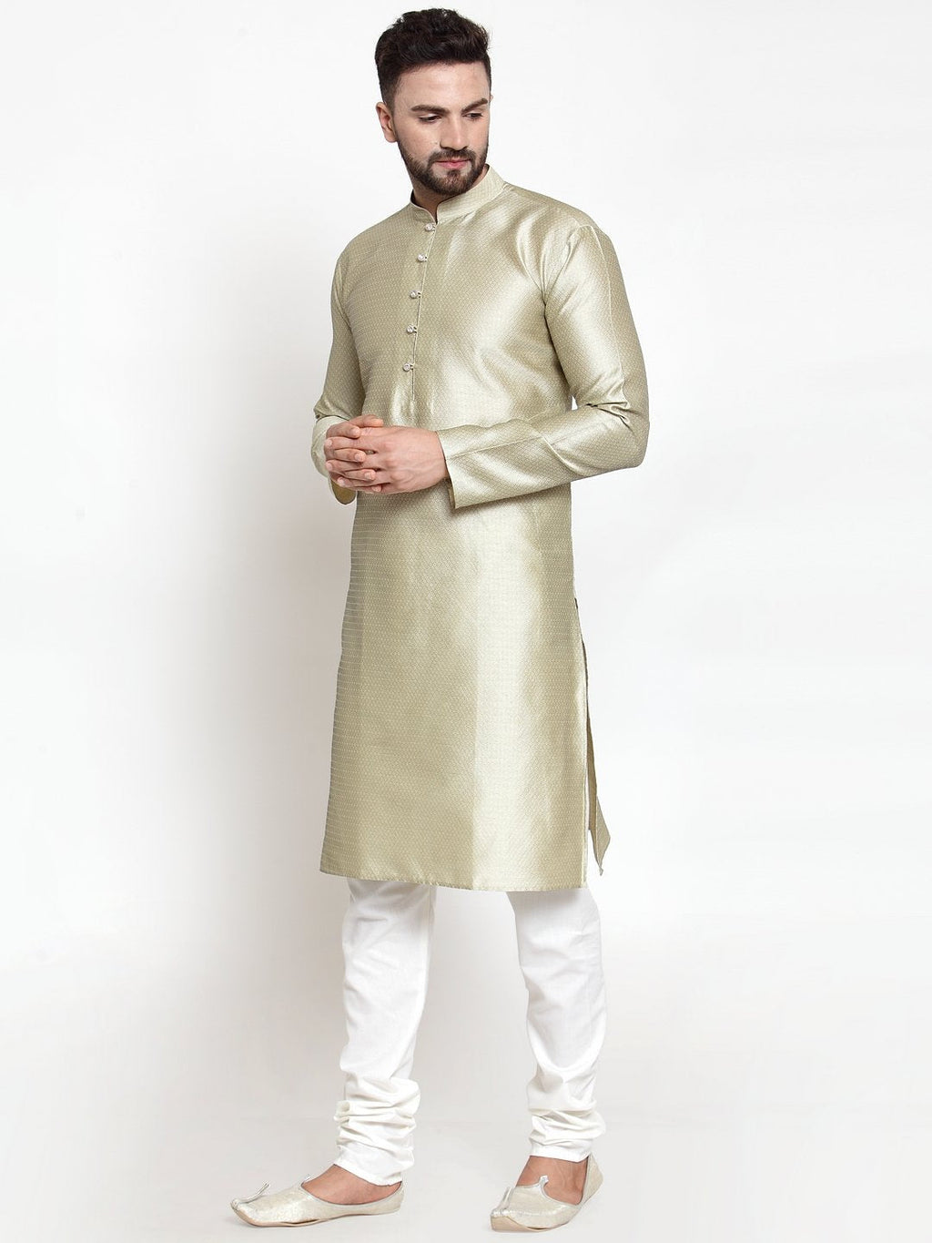 Jompers Men Beige & White Self Design Kurta with Churidar