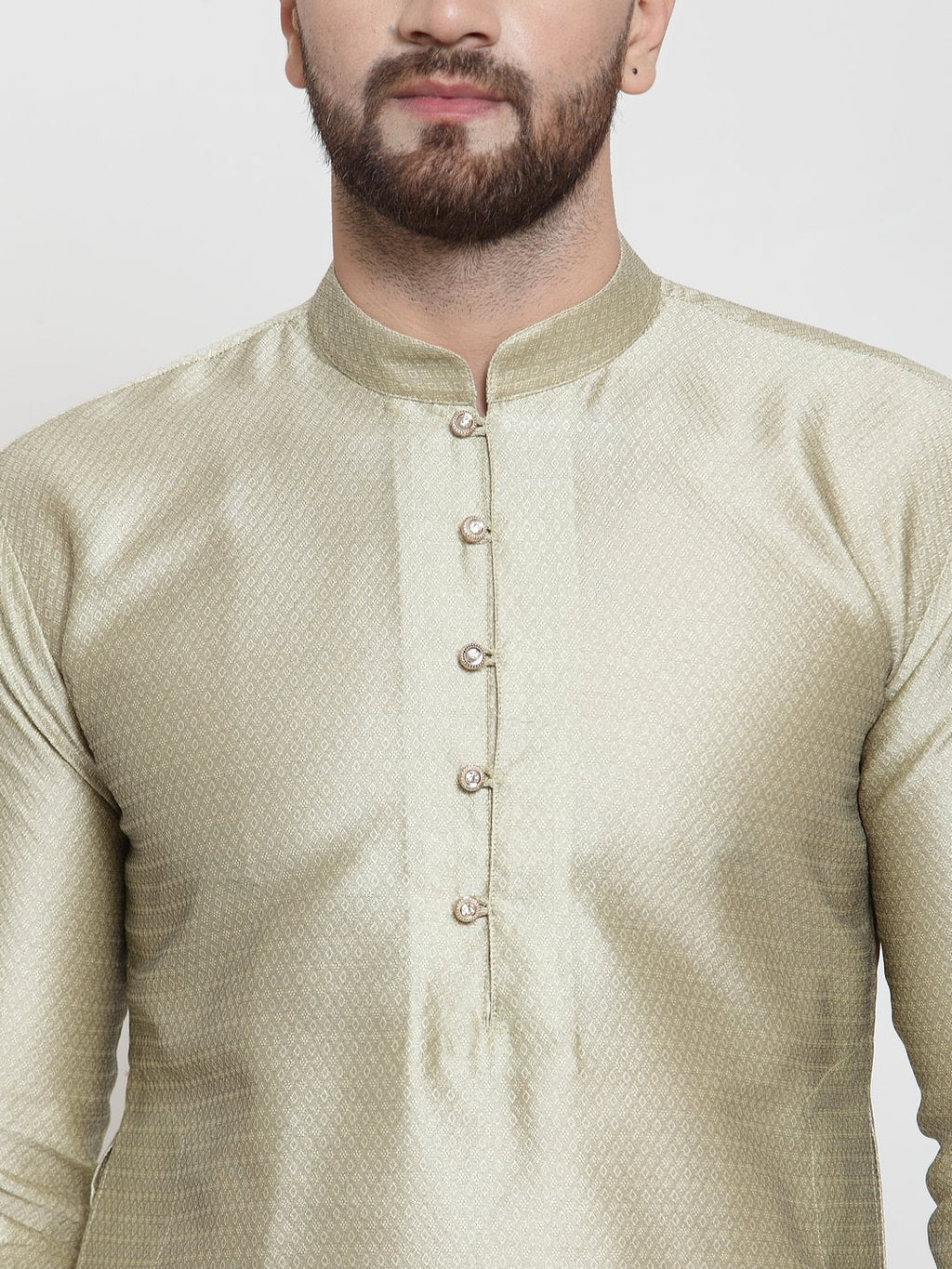 Jompers Men Beige & White Self Design Kurta with Churidar