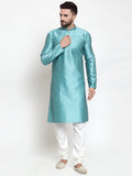 Jompers Men Light-Blue & White Self Design Kurta with Churidar