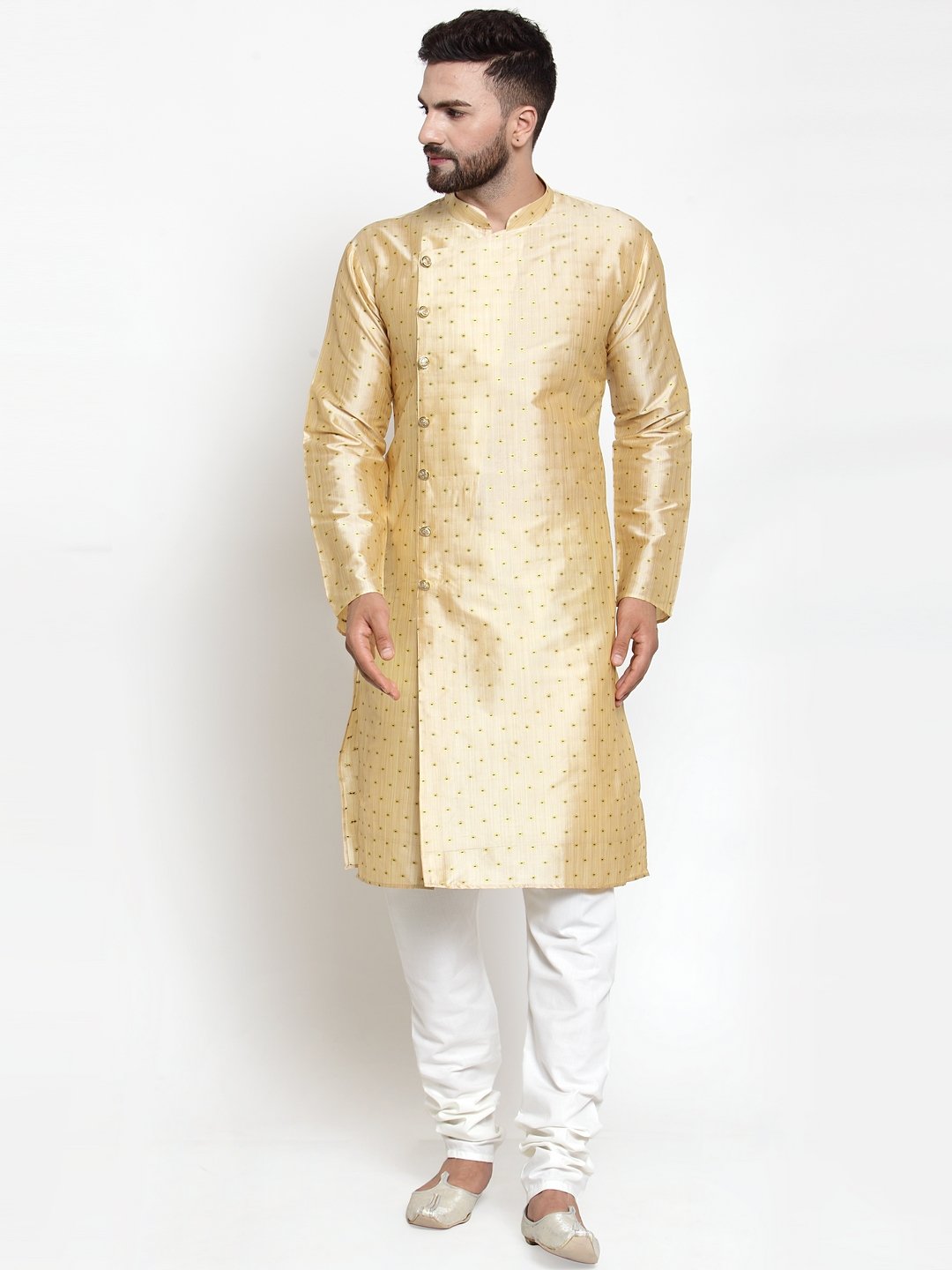 Jompers Men Mustard & Golden Self Design Kurta with Churidar