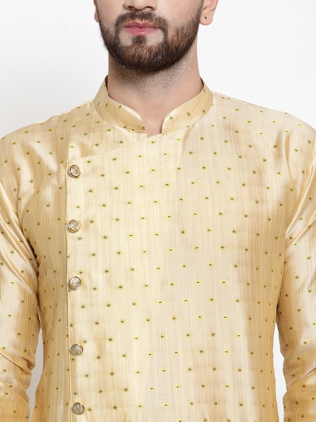 Jompers Men Mustard & Golden Self Design Kurta Only