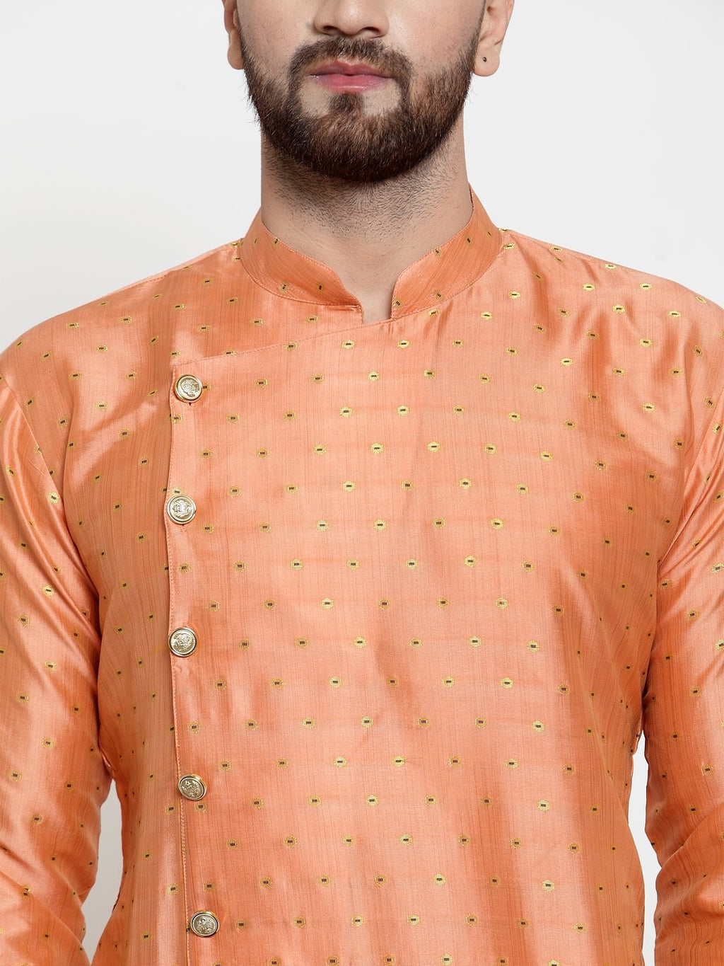 Jompers Men Peach & Golden Self Design Kurta Only