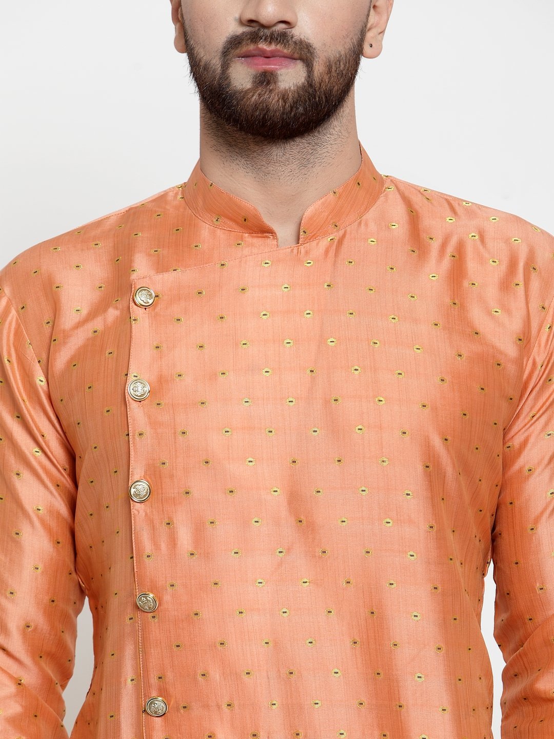 Jompers Men Peach & Golden Self Design Kurta Only