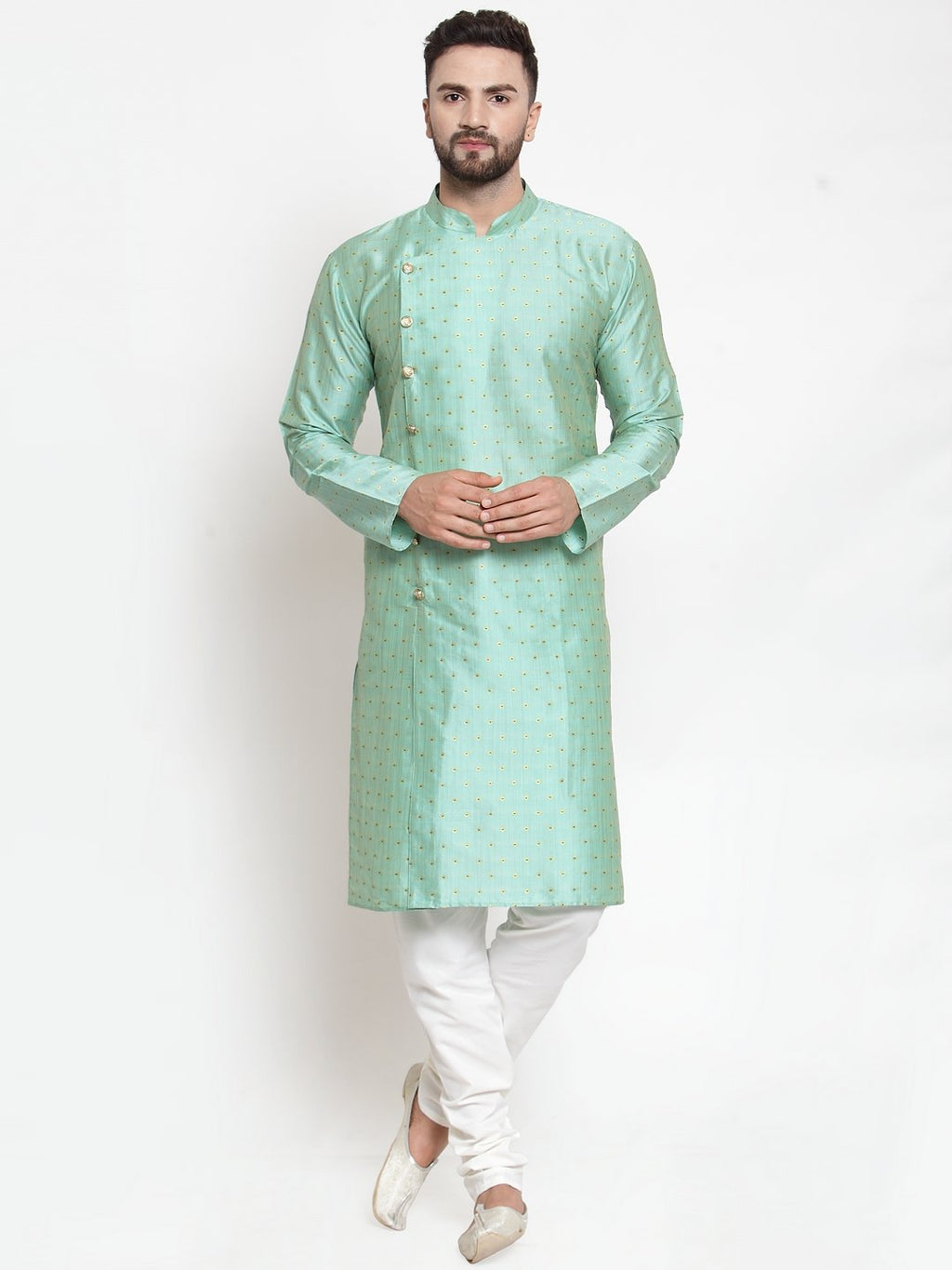 Jompers Men Sky-Blue & Golden Self Design Kurta with Churidar