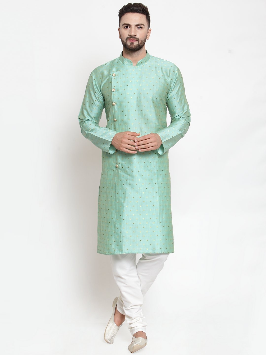 Jompers Men Sky-Blue & Golden Self Design Kurta with Churidar