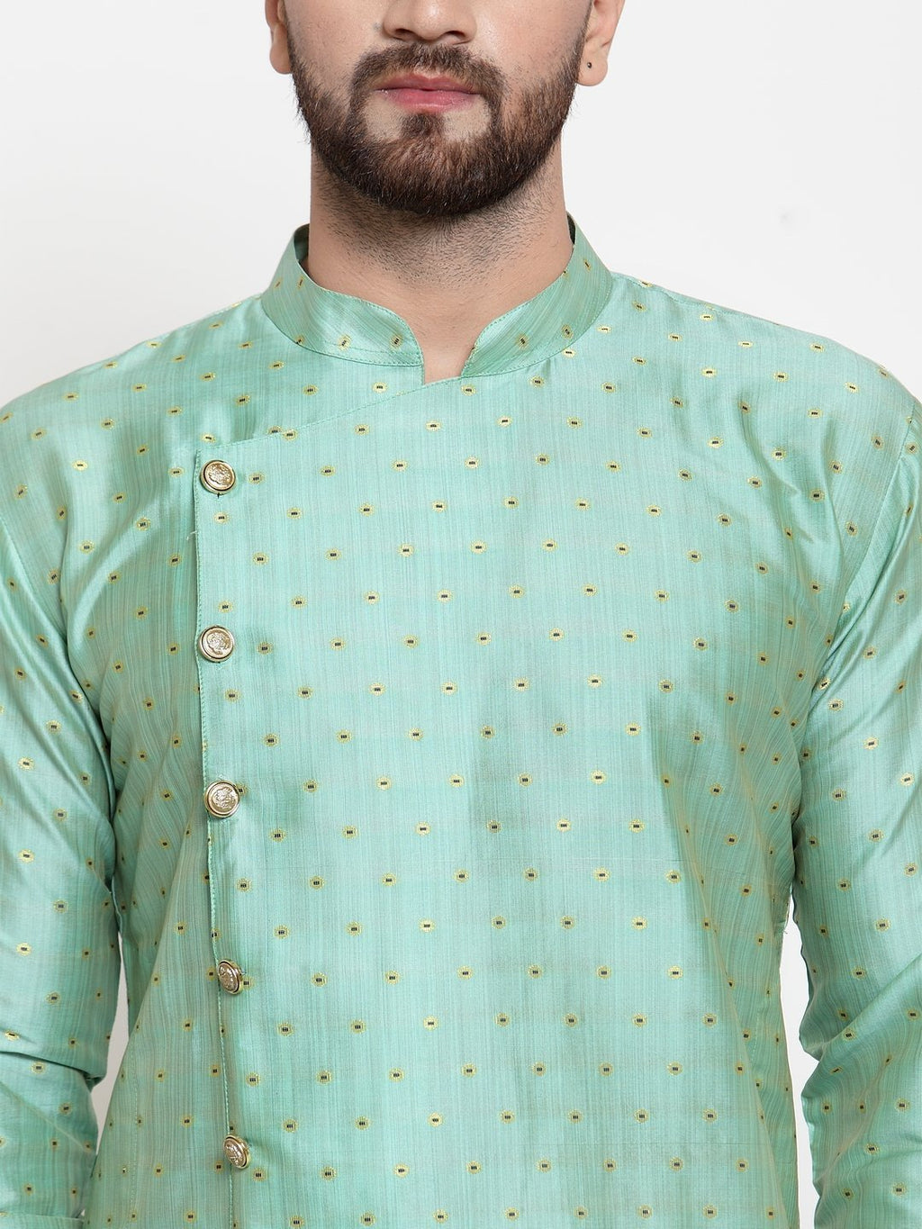 Jompers Men Sky-Blue & Golden Self Design Kurta Only