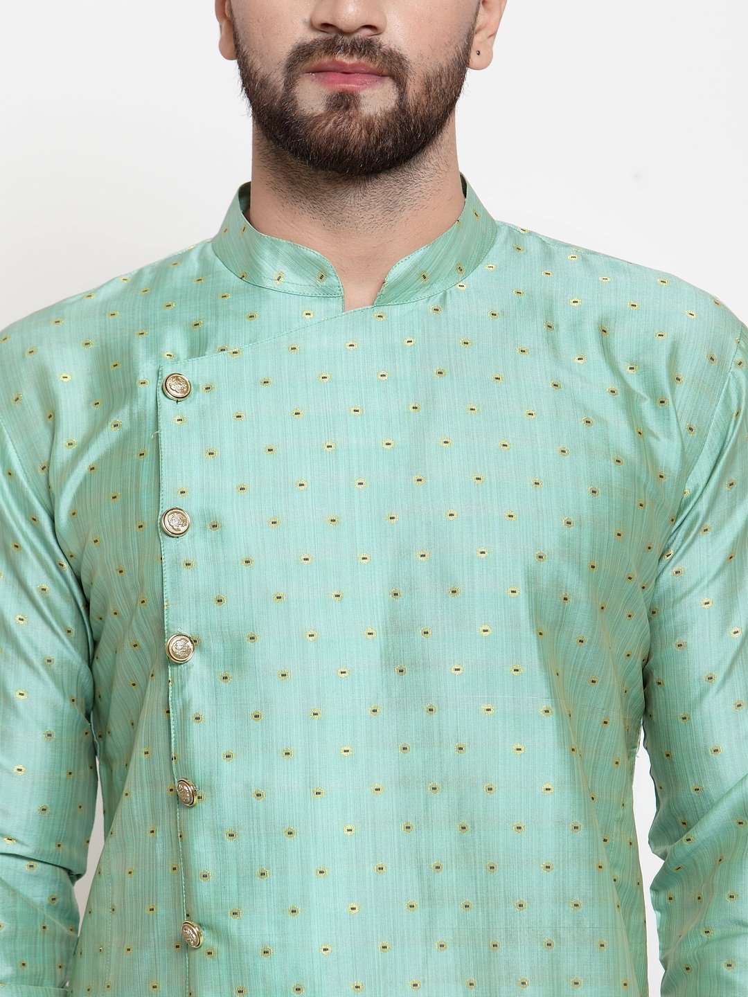 Jompers Men Sky-Blue & Golden Self Design Kurta Only