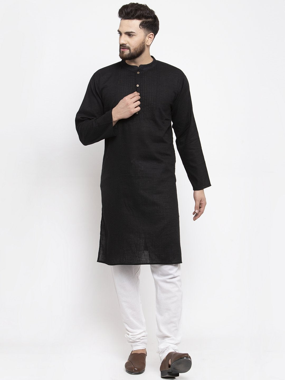 Jompers Men Black & White Solid Pin-tucks Kurta Only