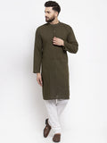 Jompers Men Olive-Green & White Solid Pin-tucks Kurta with Churidar