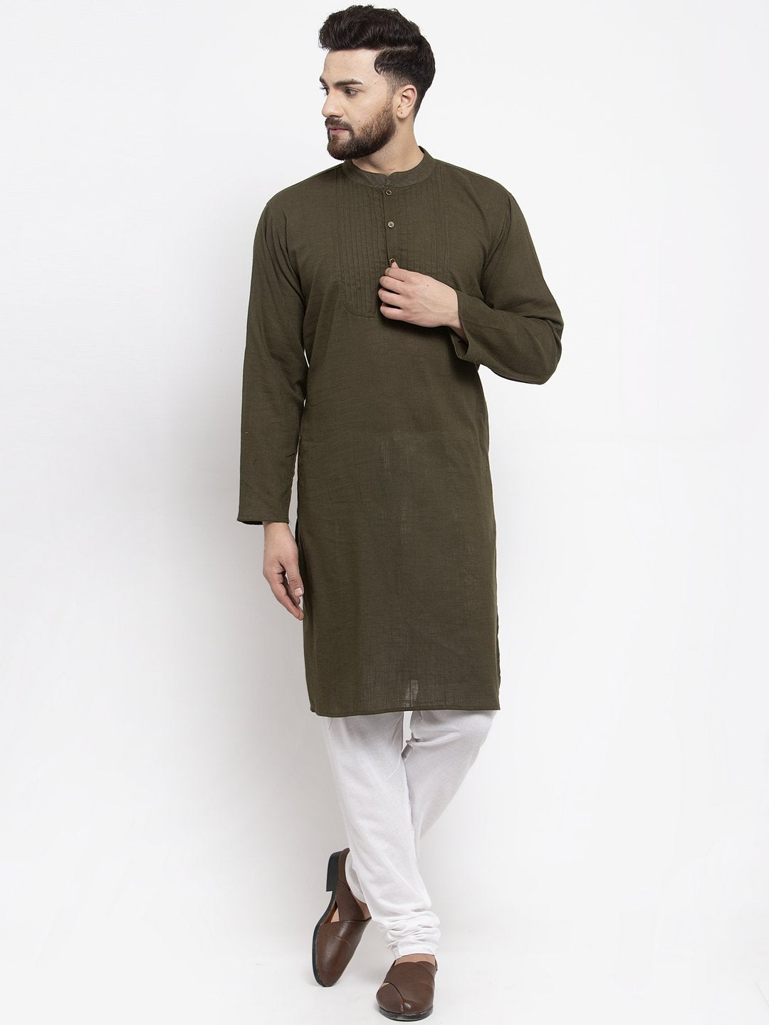 Jompers Men Olive-Green & White Solid Pin-tucks Kurta Only