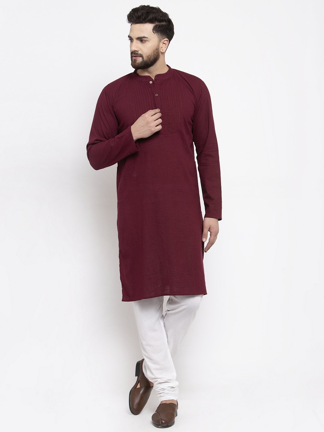 Jompers Men Purple & White Solid Pin-tucks Kurta Only