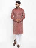 Jompers Men Maroon & White Woven Design Kurta with Churidar