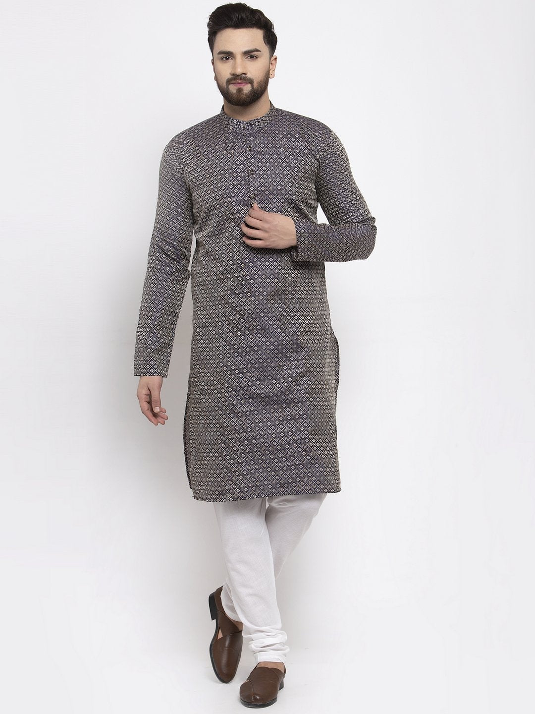 Jompers Men Navy-Blue & White Woven Design Kurta with Churidar