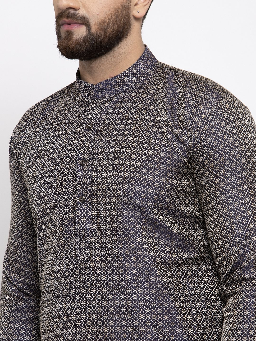 Jompers Men Navy-Blue & White Woven Design Kurta Only
