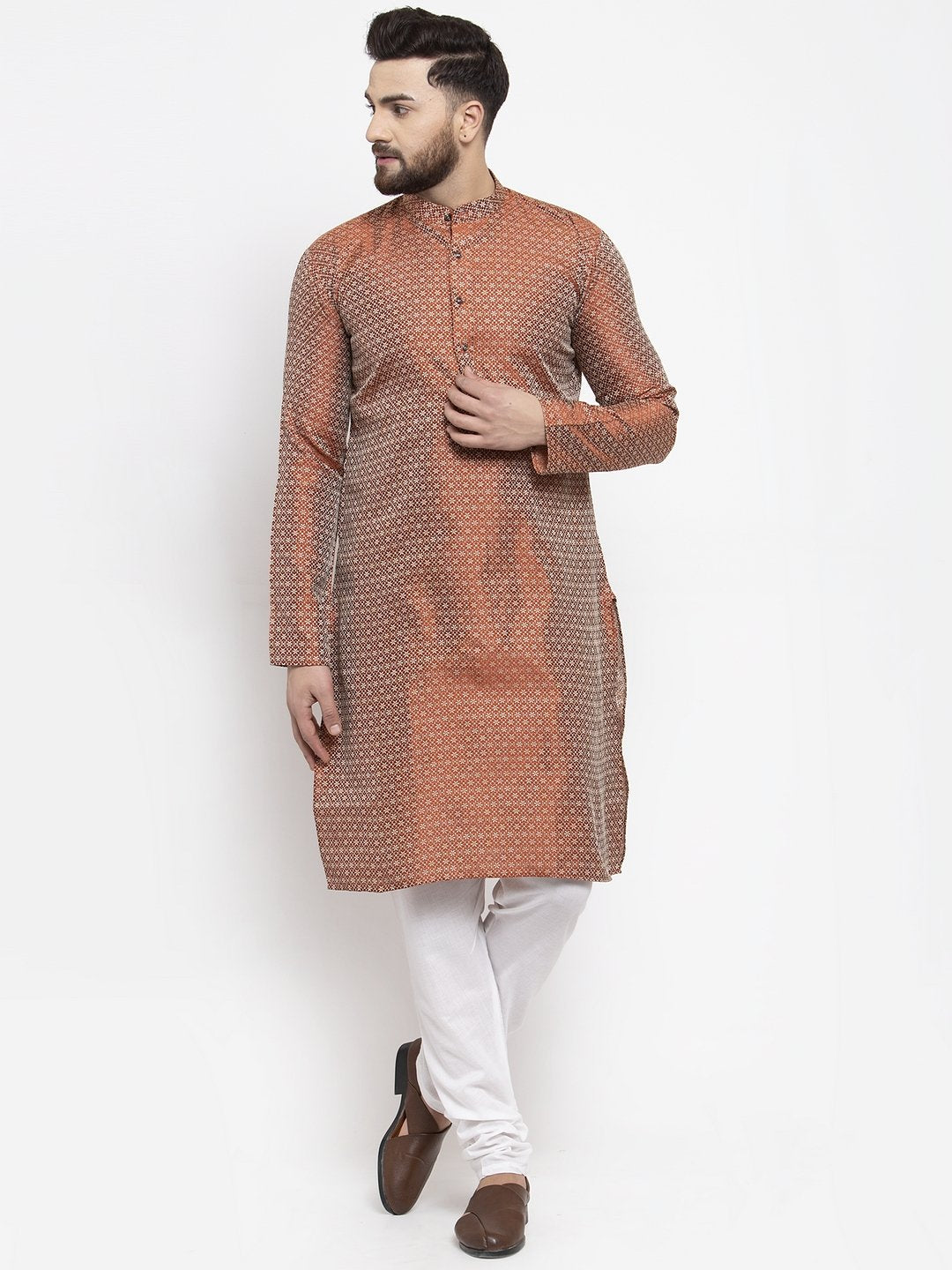 Jompers Men Orange & White Woven Design Kurta with Churidar