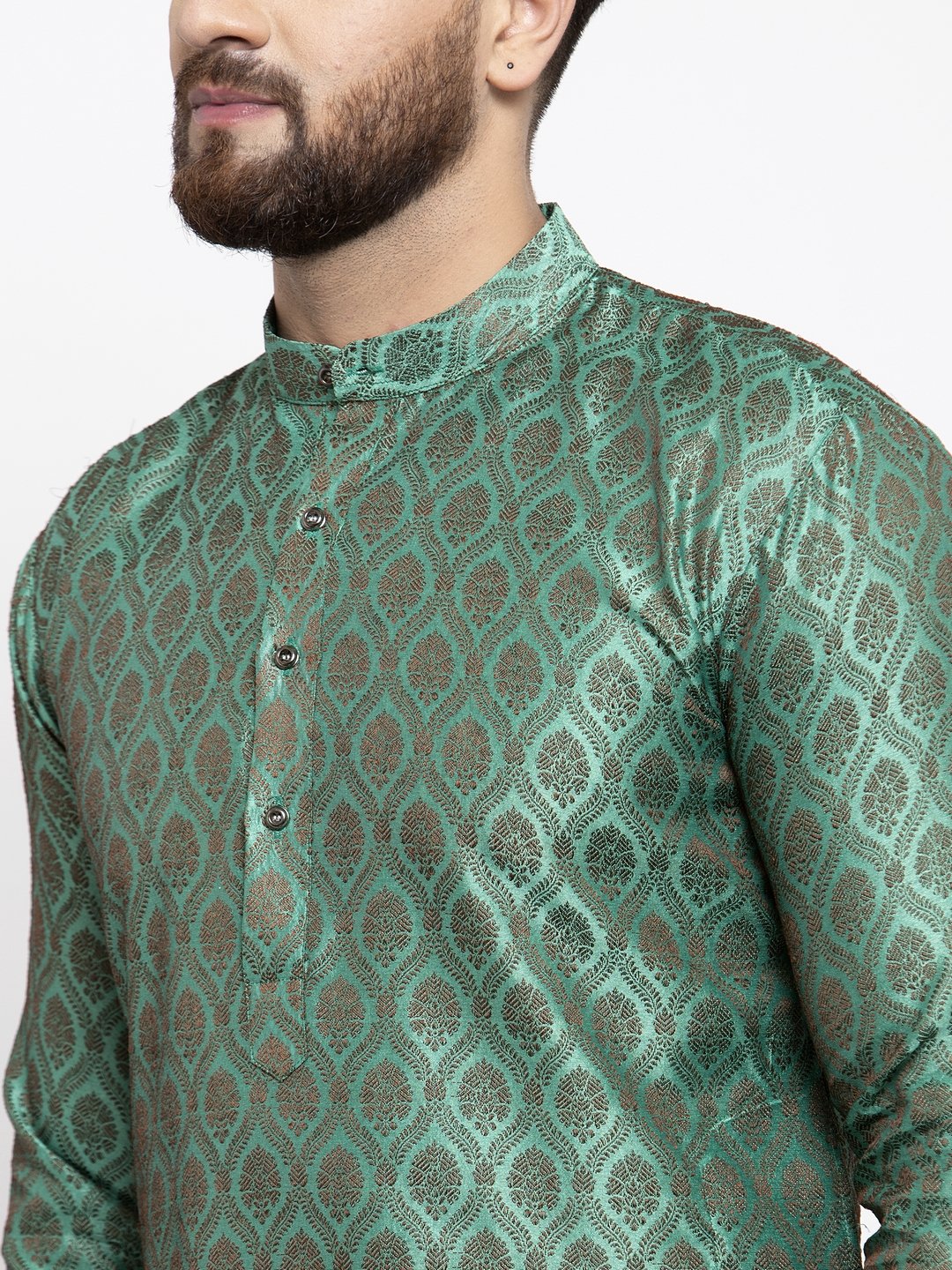 Jompers Men Green & Grey Jacquard Kurta Only
