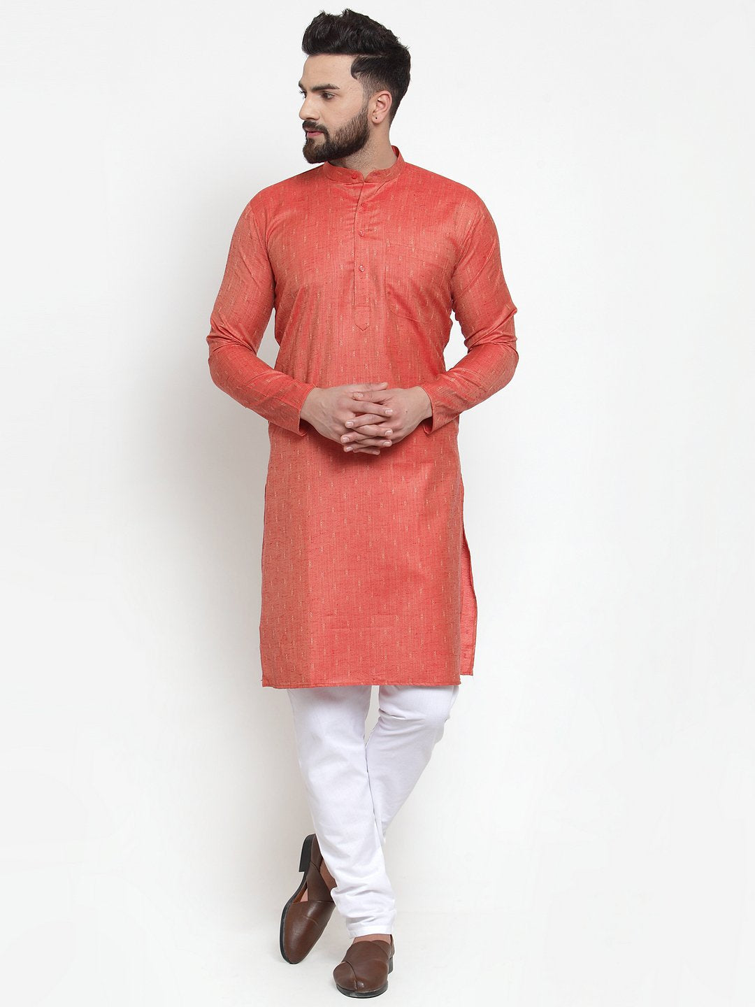 Jompers Men Orange & White Self Design Kurta with Churidar (JOKP 601 Orange)