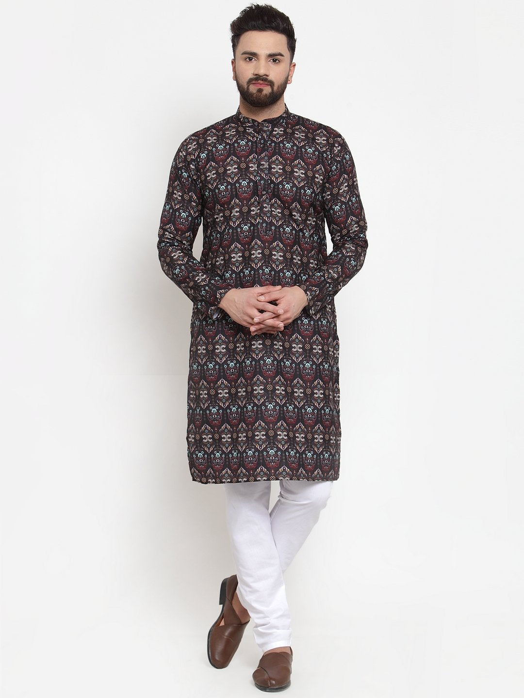 Jompers Men Black & Beige Digital Printed Kurta with Churidar