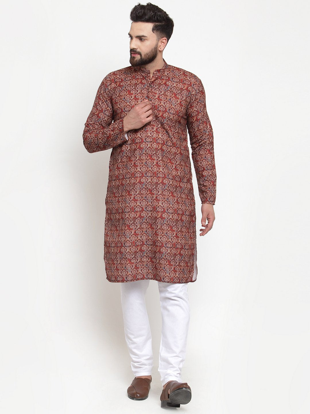 Jompers Men Maroon & Beige Digital Printed Kurta Only