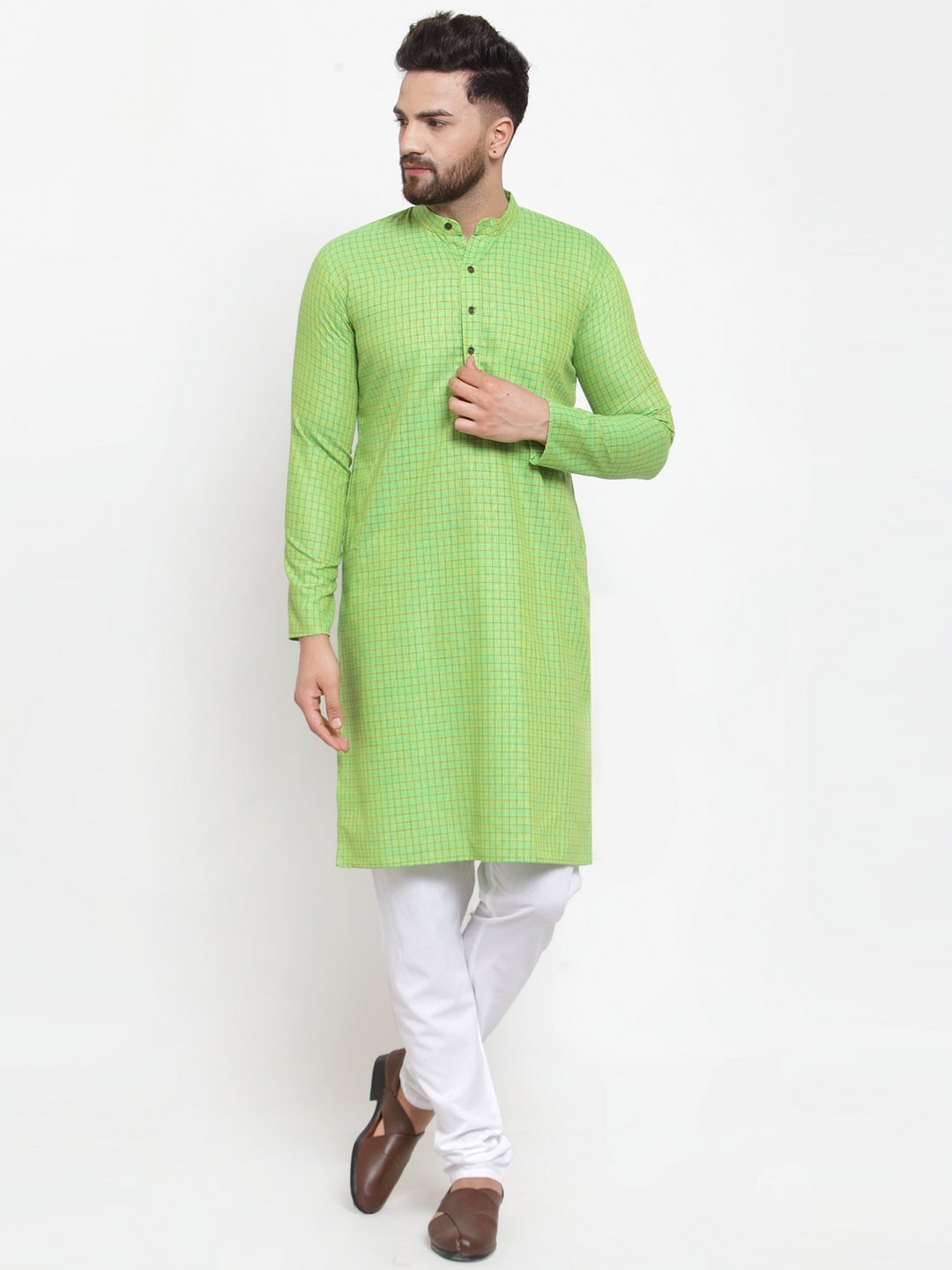 Jompers Men Green Checked Self Design Kurta with White Churidar