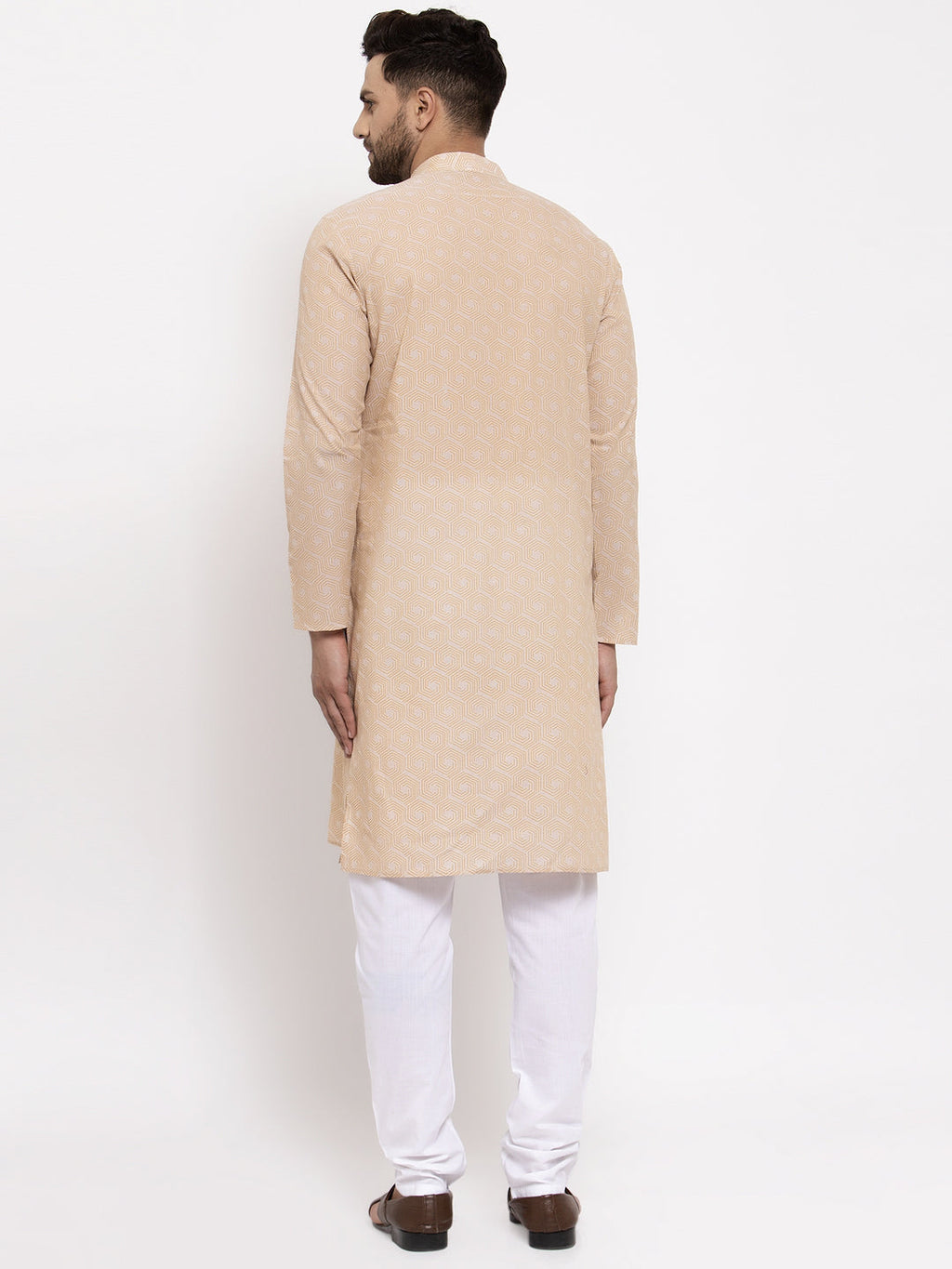 Jompers Men's Beige Cotton Printed Kurta Payjama Set