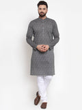 Jompers Men Grey Printed Kurta with White Churidar