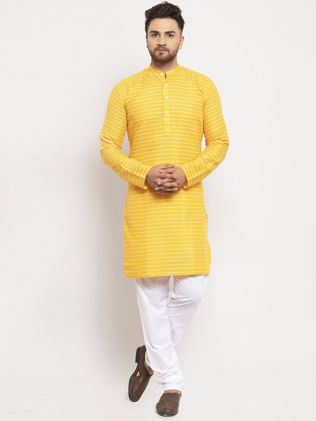 Jompers Men Yellow Woven Design Straight Kurta Only
