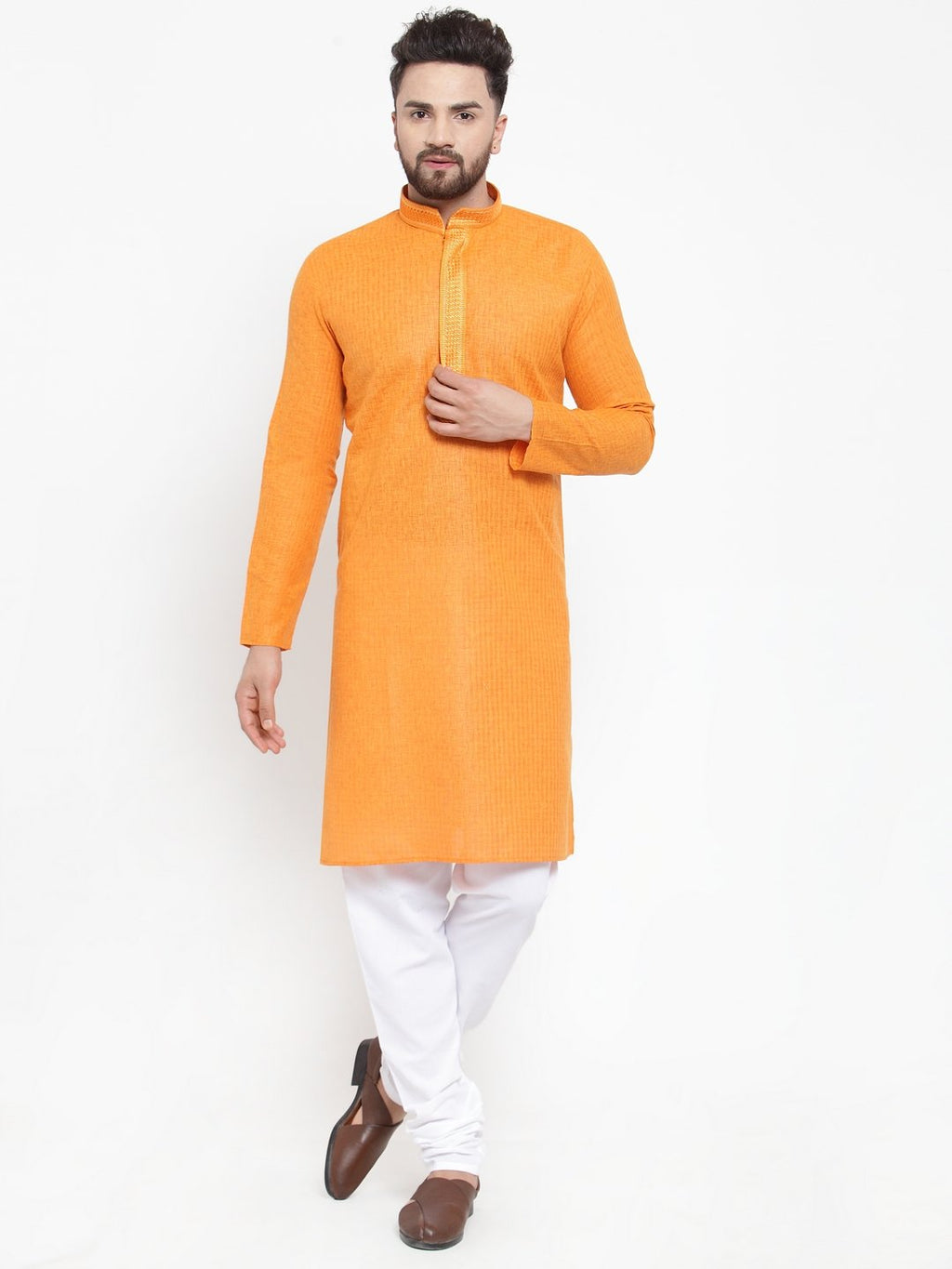 Jompers Men Orange & White Embroidered Kurta with Churidar