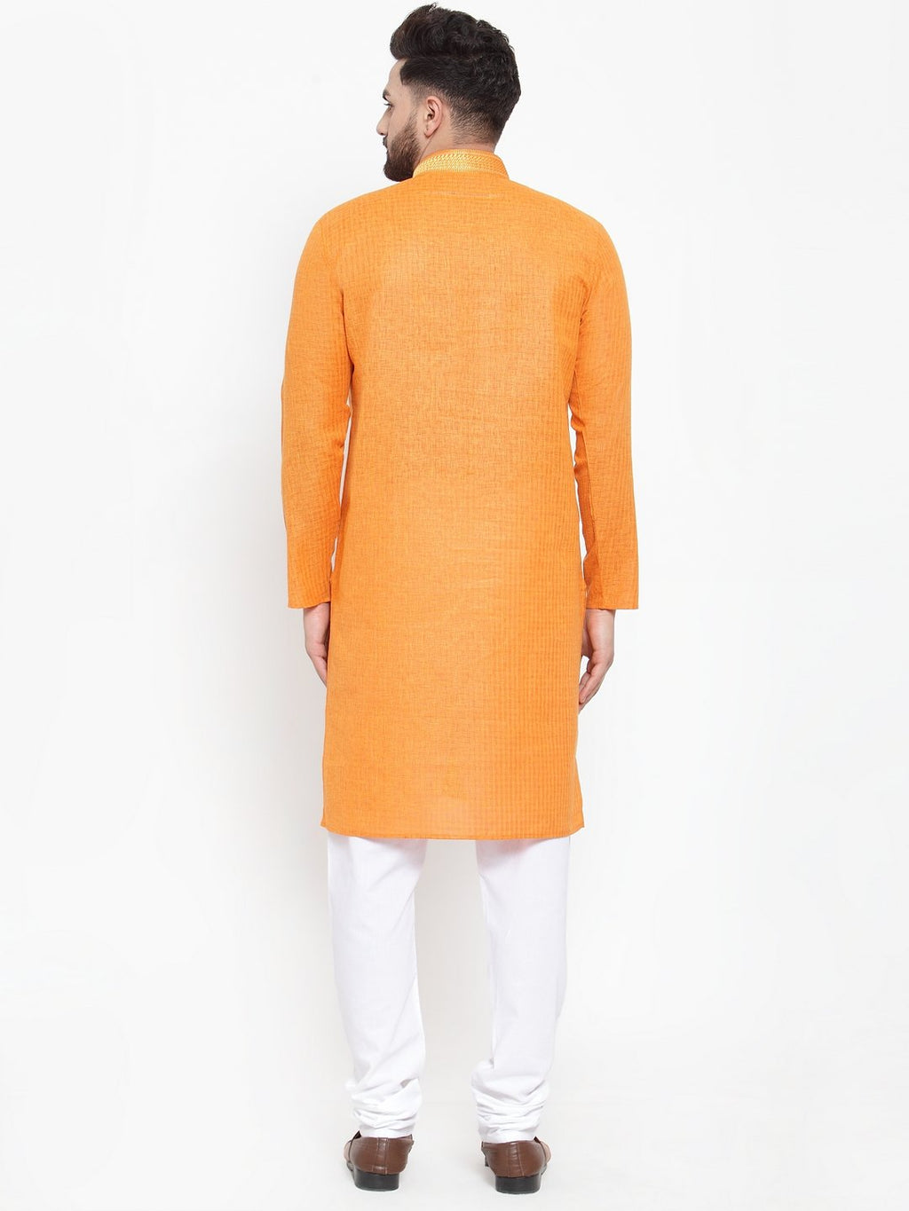 Jompers Men Orange & White Embroidered Kurta Only