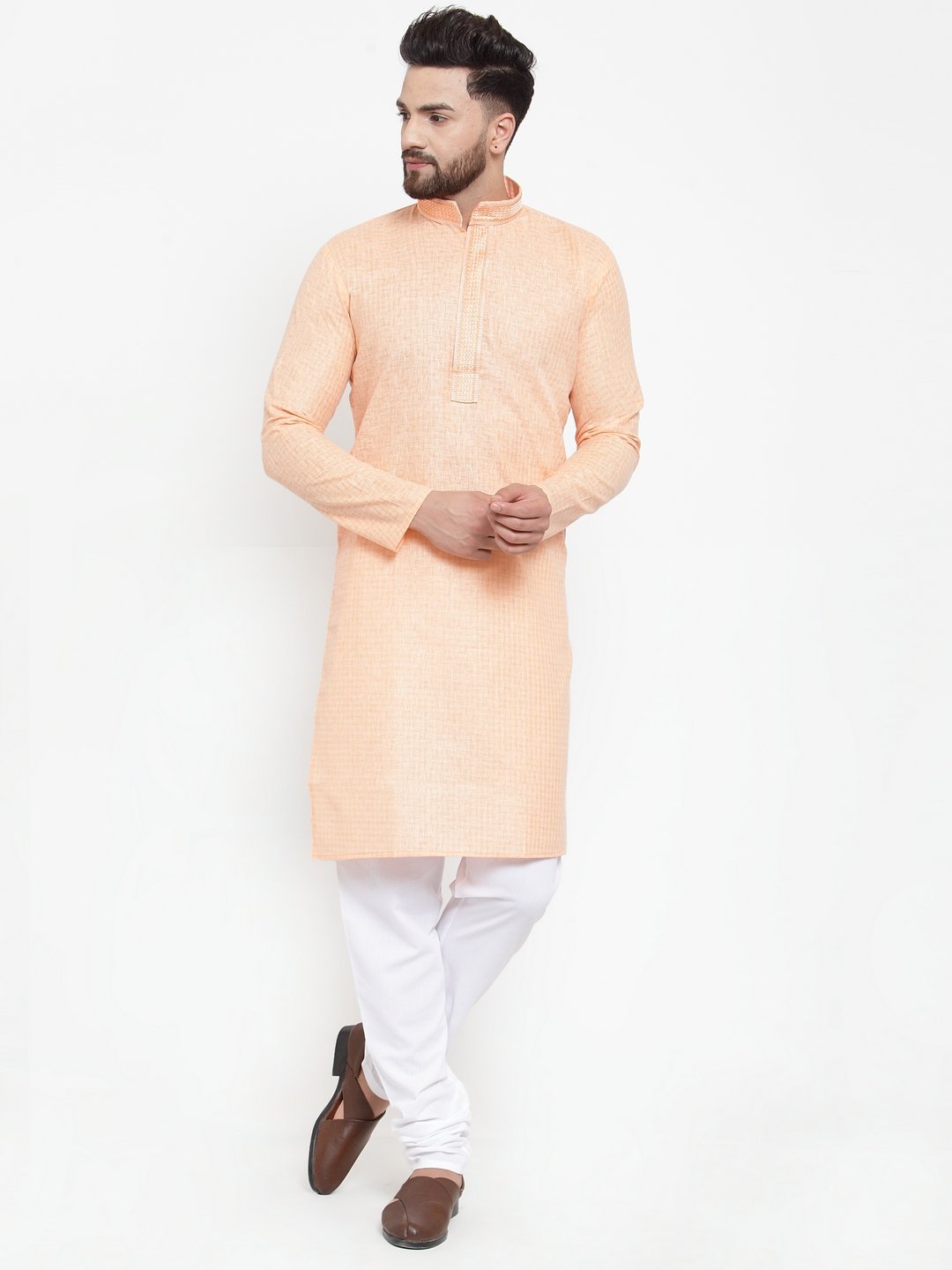 Jompers Men Peach & White Embroidered Kurta with Churidar
