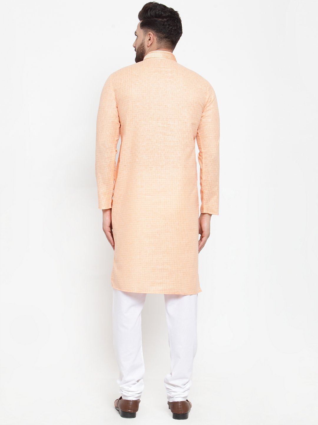 Jompers Men Peach & White Embroidered Kurta Only