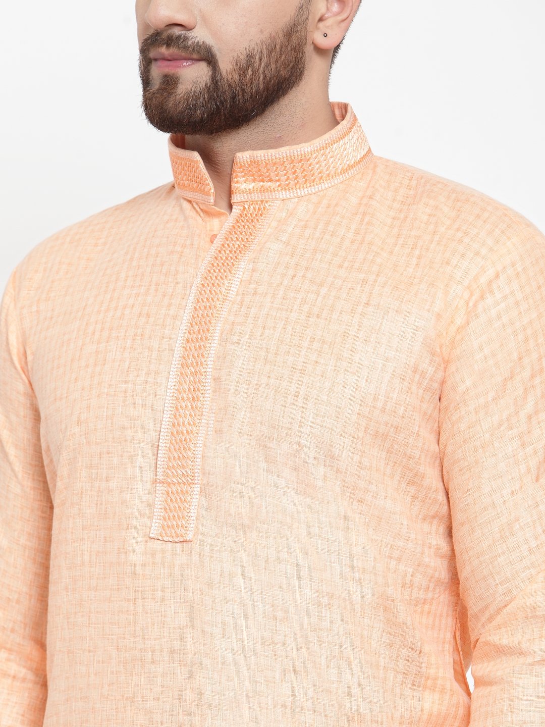 Jompers Men Peach & White Embroidered Kurta with Churidar