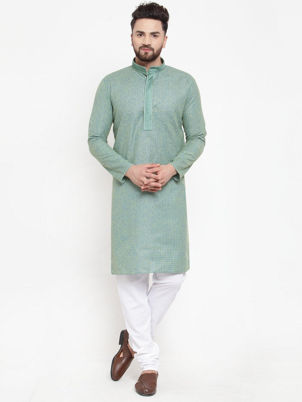 Jompers Men Sea Green & White Embroidered Kurta with Churidar