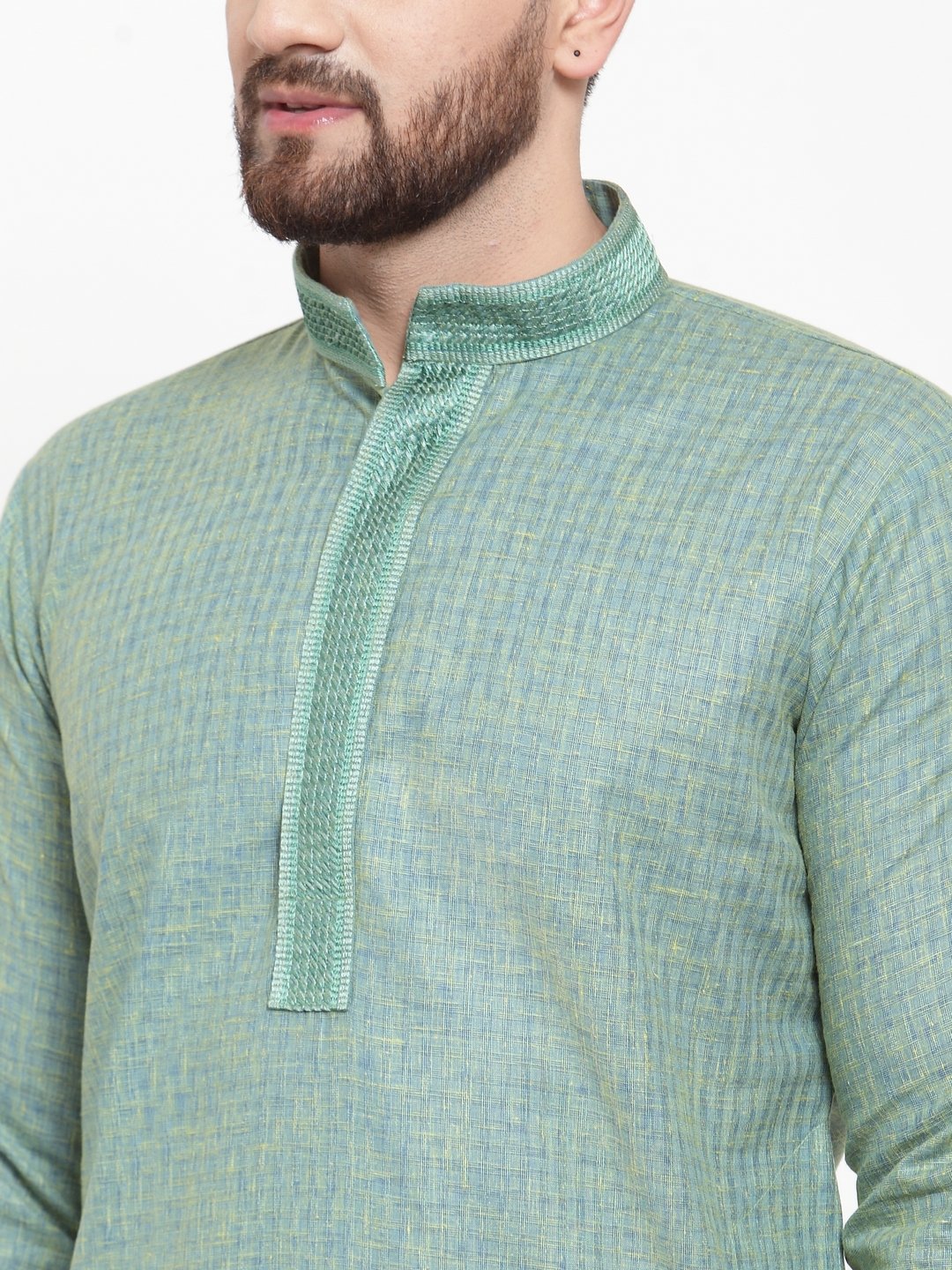Jompers Men Sea Green & White Embroidered Kurta with Churidar