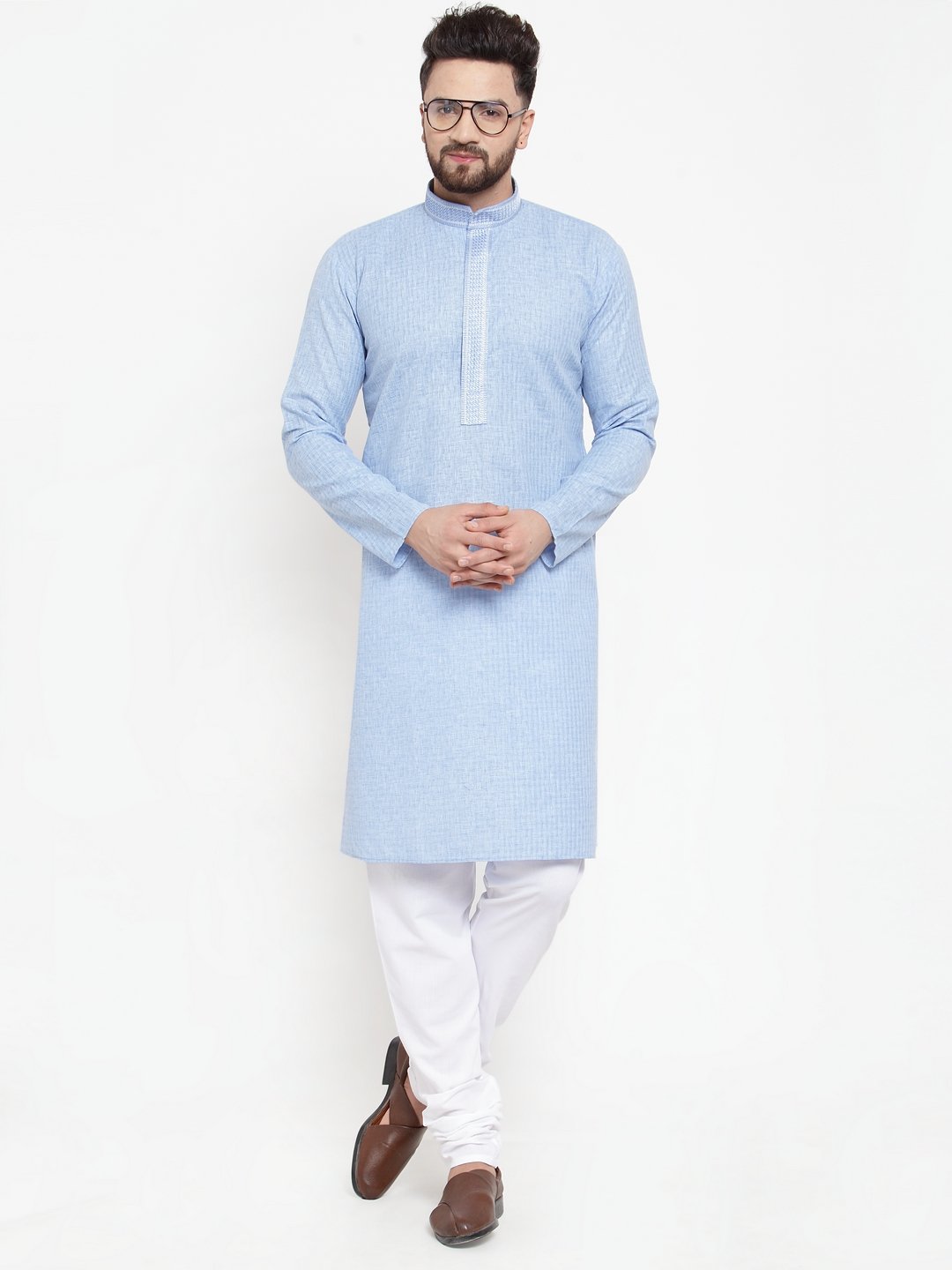 Jompers Men Blue & White Embroidered Kurta with Chudidar