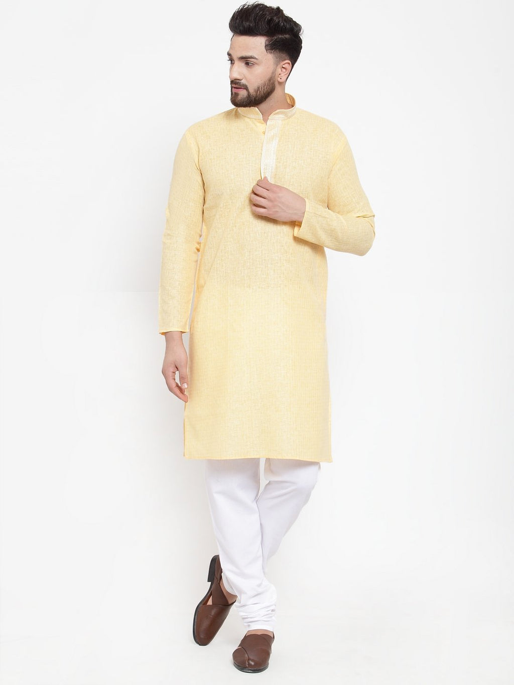 Jompers Men Yellow & White Embroidered Kurta with Churidar