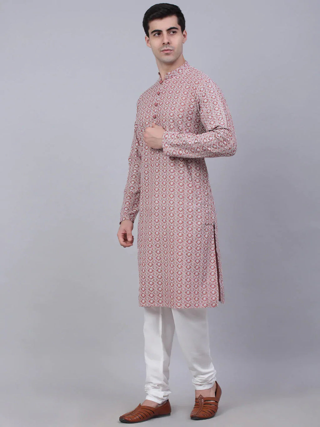Jompers Men's Coral Red & White Embroidered Straight Kurta Pyjama Set