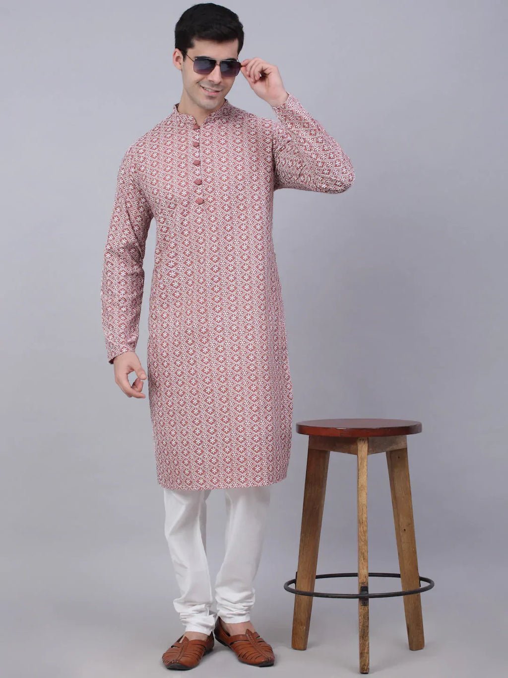 Jompers Men's Coral Red & White Embroidered Straight Kurta Pyjama Set