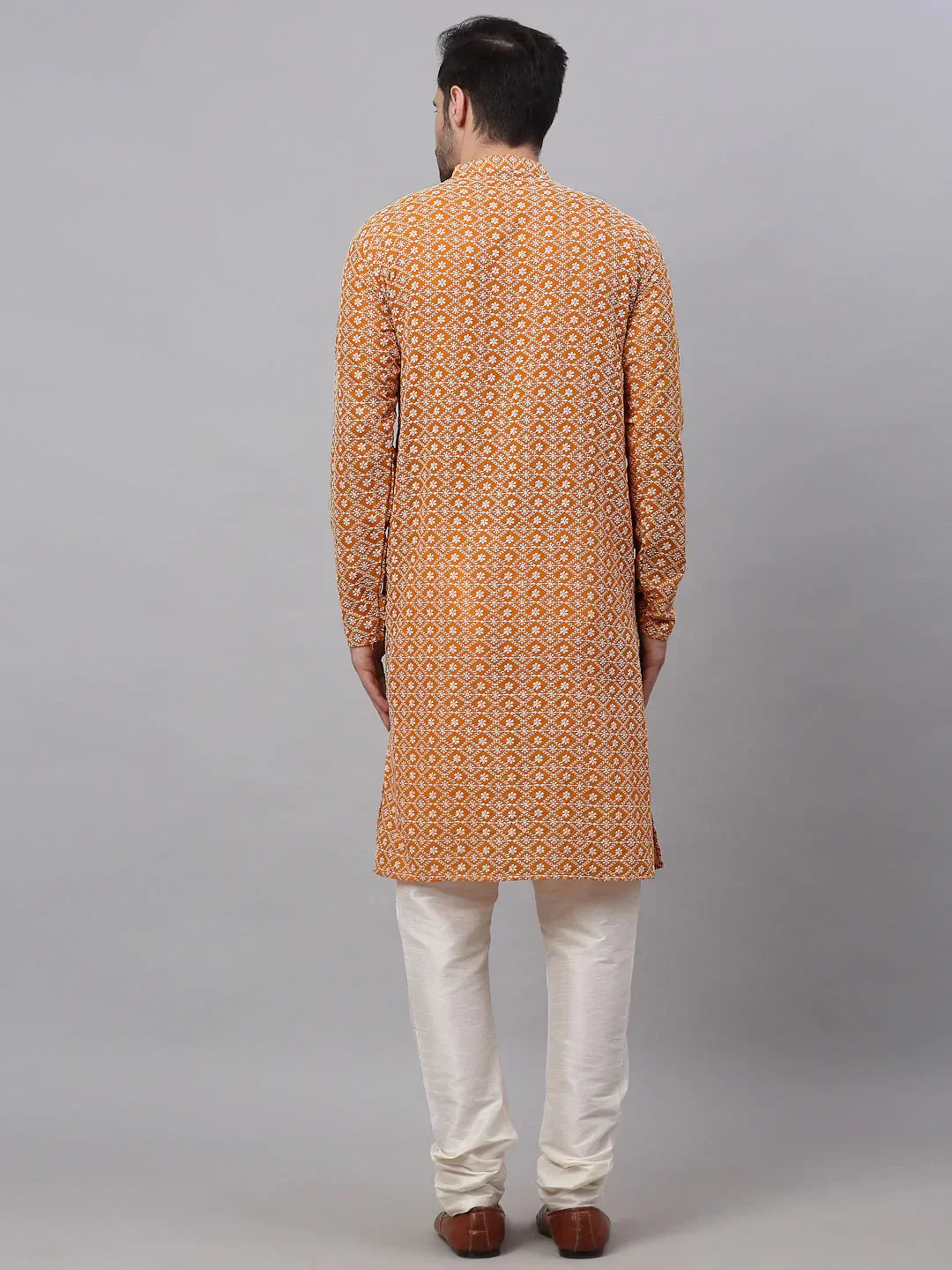 Jompers Men's Mustard & White Embroidered Straight Kurta Pyjama Set
